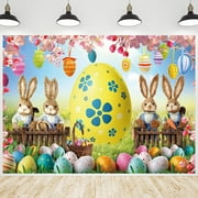Spring Easter Backdrop Colorful Eggs Rabbits Pink Floral Grass Garden Fence Background Photography Banner for Kids Easter Party Decorations Supplies Photo Studio Photobooth Props
